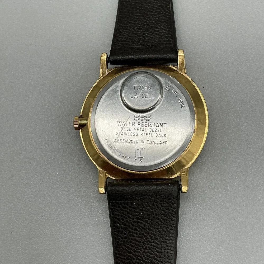 Vintage Timex Mens Watch 32mm White Dial Gold Tone Black Leather New Battery
